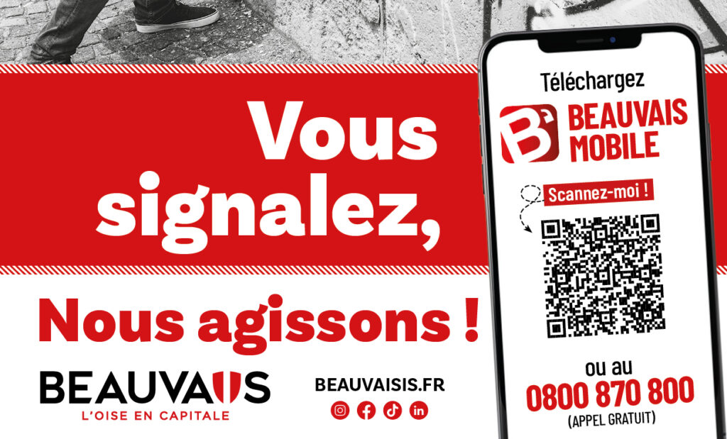 Affiche de la ville de Beauvais incitant les citoyens à signaler les dégradations via l'application "Beauvais Mobile" ou un numéro vert, illustrée par un photographe prenant en flagrant délit un tagueur. - Agrandir l'image, fenêtre modale