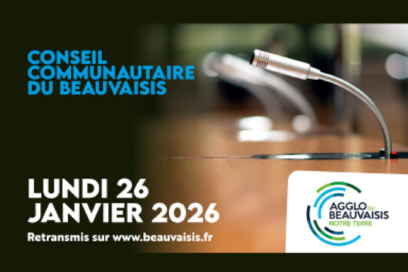 Image en lien avec le Conseil Communautaire du 26 janvier 2026 comprenant le titre : Conseil Communautaire du Beauvaisis, le jour et l'horaire le lundi 26 janvier 2026 ainsi que le logo de l'Agglo. - Agrandir l'image, fenêtre modale