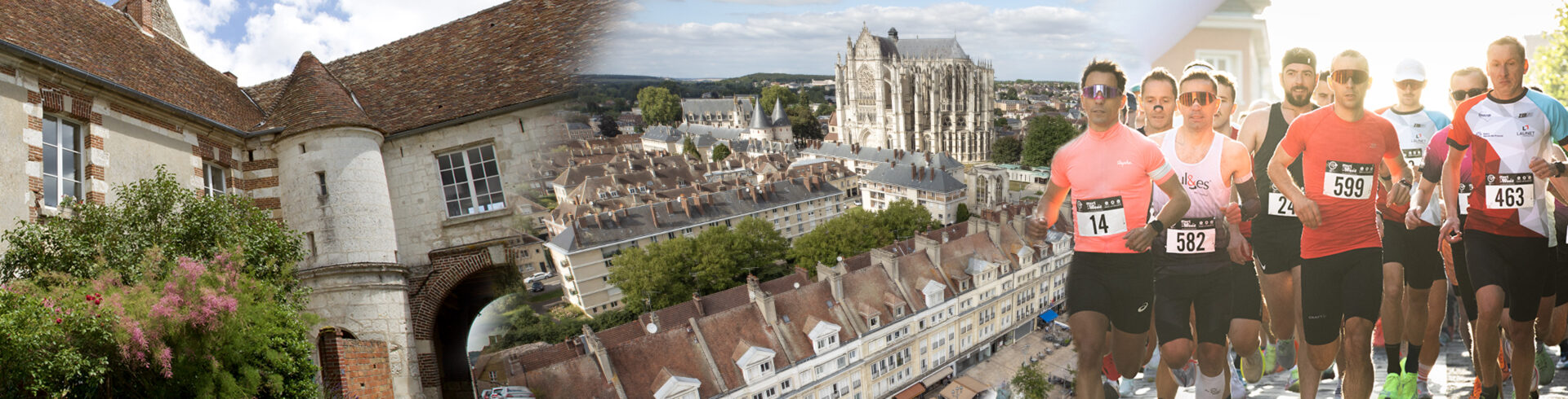 Montage photographique de Beauvais présentant son patrimoine historique avec les maisons à pans de bois et la cathédrale Saint-Pierre, associé à l'ambiance sportive de la course de la Transquar avec un peloton de coureurs en action.