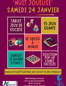 Samedi 24 janvier à partir de 18h30, dans le cadre de la Nuit de la lecture, la bibliothèque municipale d’Auneuil invite les familles et les enfants à partir de 4 ans à participer à la 5ᵉ édition de la Nuit joueuse. Cette soirée conviviale placera le jeu au cœur de toutes les animations.