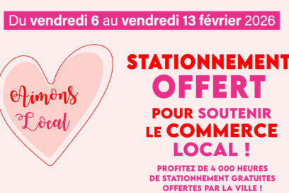Affiche de la Ville de Beauvais annonçant l'opération « Aimons Local » pour la Saint-Valentin 2026. Du 6 au 13 février, 2h de stationnement sont offertes aux parkings Foch ou Clémenceau dès 20 € d’achat chez les commerçants partenaires. - Agrandir l'image, fenêtre modale