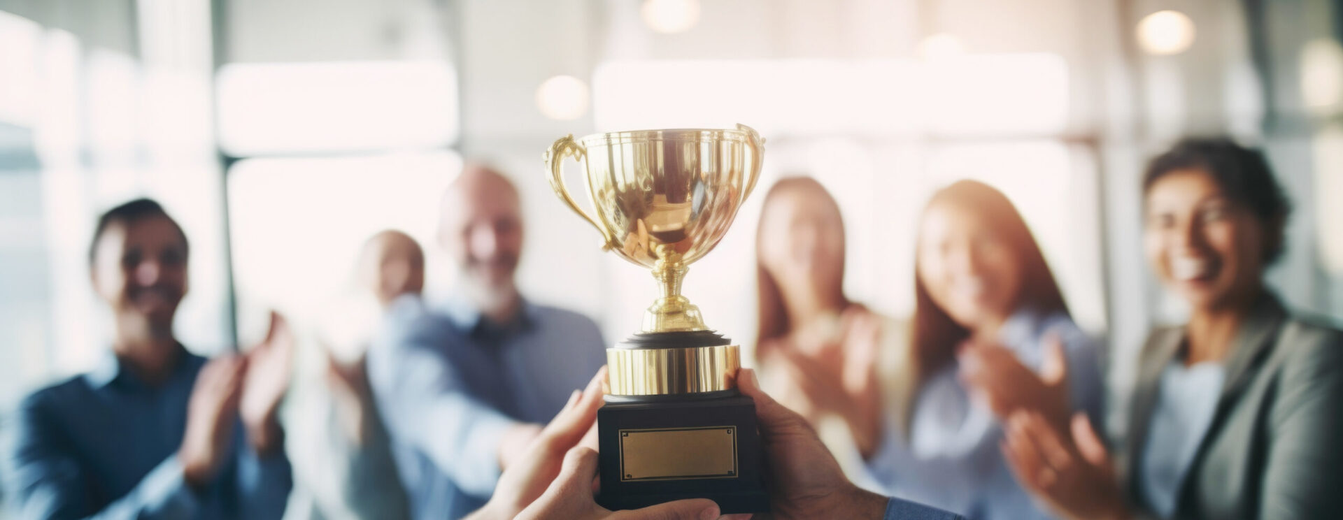 L'image montre deux mains tenant un trophée doré au premier plan, symbolisant une réussite collective ou une victoire.